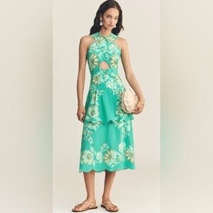FARM Rio x Anthropologie NWT Halter Dress Green Floral Scalloped Linen Blend L